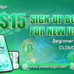 PowerAlgo cloud mining app banner offering a $15 sign-up bonus for new users